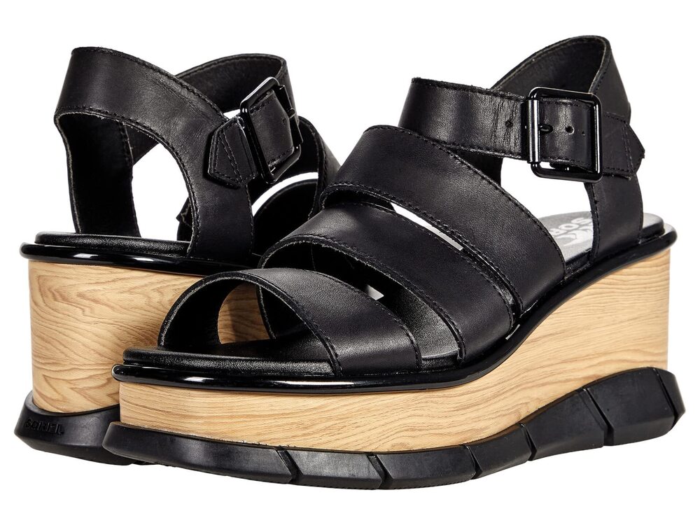 Sorel Joanie III Ankle Strap Wedge Sandals for Women, Black, Size 10.5